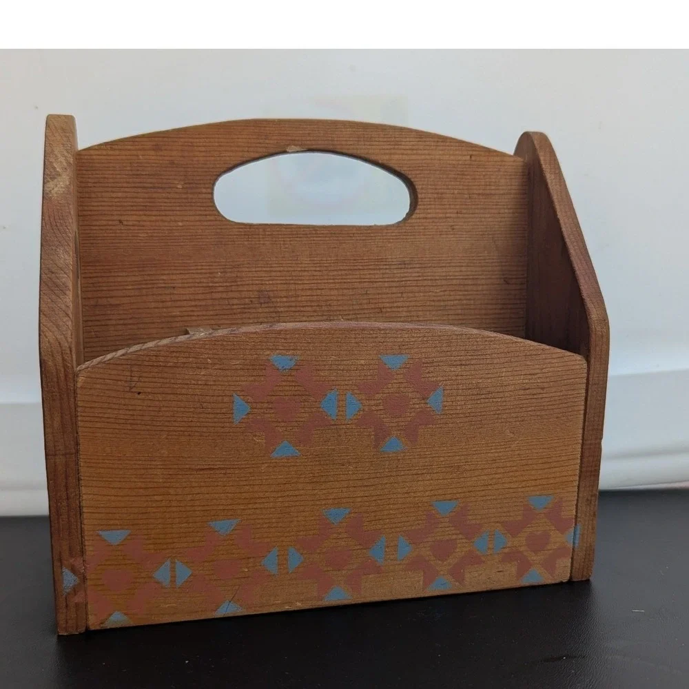 Vintage Rustic Wooden Caddy Organizer Stenciled Heart Folk Art Mail Sorter